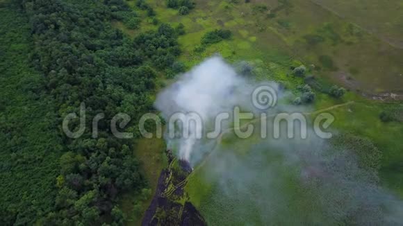 从燃烧的绿野无人驾驶飞机拍摄的空中镜头自然景观中的野火飞越烟雾视频的预览图