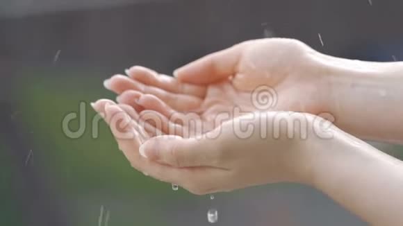 手在雨中在模糊的背景下双手在雨中淋湿视频的预览图