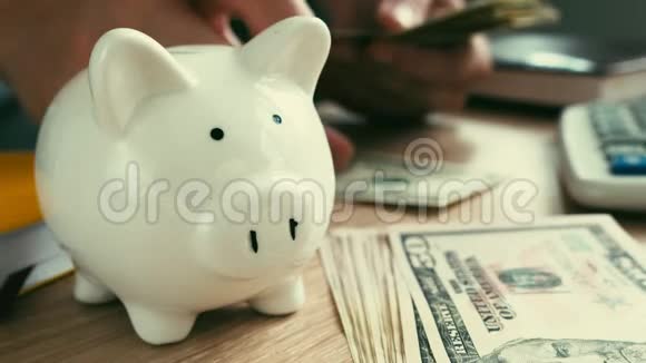 储蓄概念猪银行和手在数钱视频的预览图