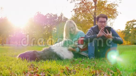年轻的多民族夫妇和他的狗在公园里放松亚洲男人看平板电脑白种人女人玩视频的预览图