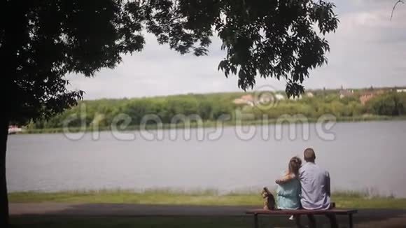 一对恋爱中的情侣坐在河边的一张桌子上那个家伙在拥抱那个女孩一只小狗坐在旁边视频的预览图