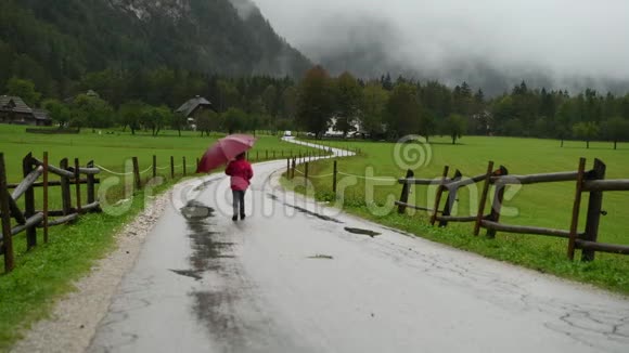 小女孩在乡间小路上雨中散步视频的预览图