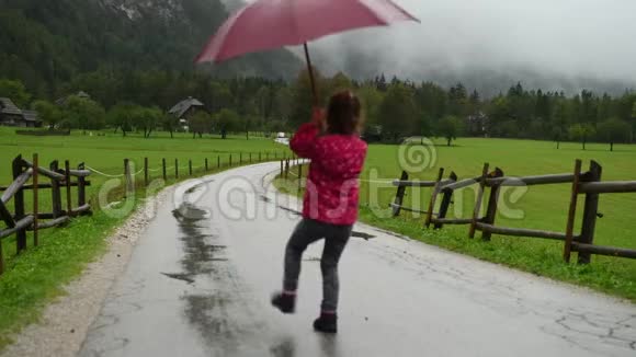 小女孩在乡间小路上雨中散步视频的预览图