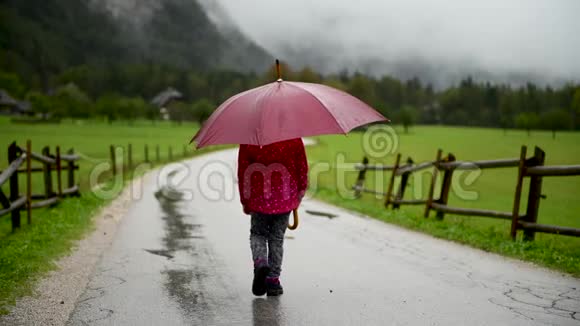 小女孩在乡间小路上雨中散步视频的预览图