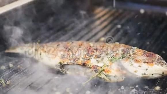 烧烤和蒸汽云炸鱼的特写视频的预览图