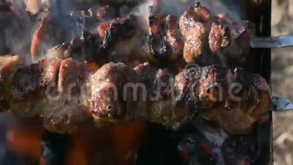 在阳光明媚的日子里在户外烤架上烤串上特写美味的肉片多汁烤肉视频的预览图