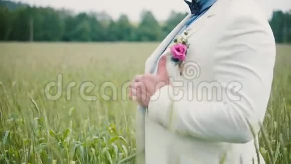 一位英俊的新郎站在麦田里微笑的特写镜头白色婚纱蓝色t恤视频的预览图