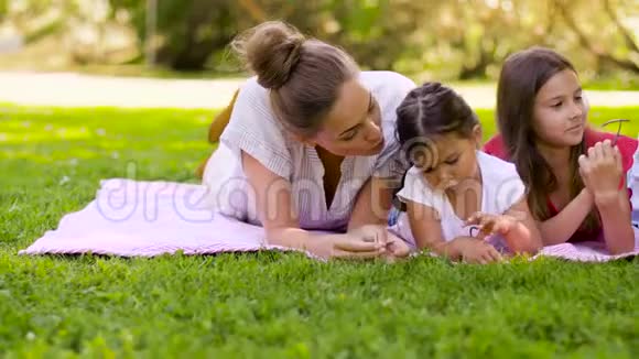 一家人躺在夏日公园的野餐毯上视频的预览图