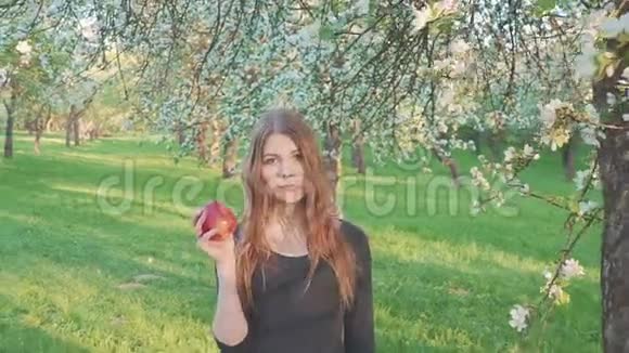 美丽的女孩手里拿着一个苹果背景是一个苹果园女人想吃苹果视频的预览图