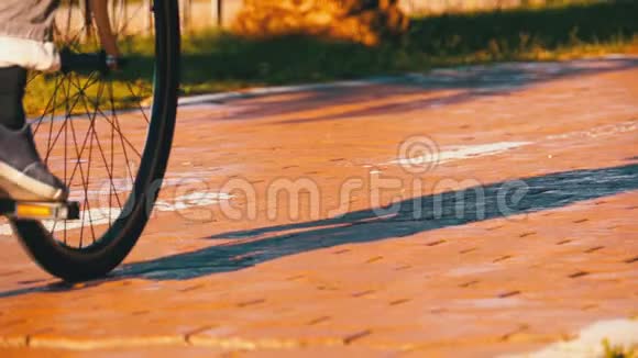 在公园的自行车道上骑三轮电动滑板车的人慢动作视频的预览图