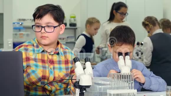 孩子们在学校生物课上做科学实验去看显微镜视频的预览图