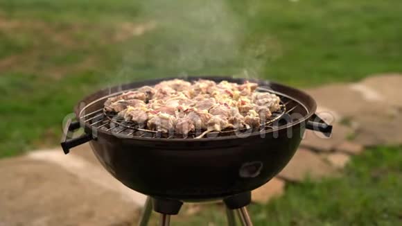 烧烤会在后院的烤架上举行夏日野餐在热煤上的金属网格上烤肉吸烟视频的预览图