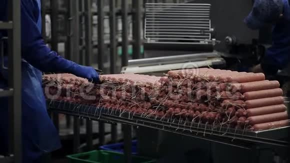 带香肠的容器肉行业香肠的生产熏香肠生香肠视频的预览图