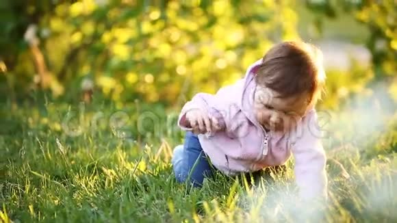 日落时分快乐的女婴在公园的绿草上爬行视频的预览图
