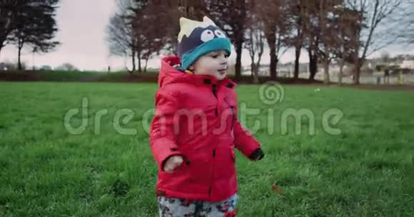 蹒跚学步的小男孩试图走路公园里的草慢动作视频的预览图