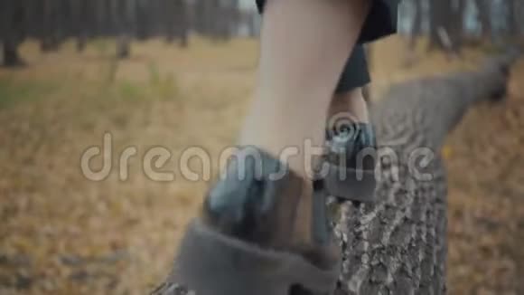 女人的脚在森林的树林里走视频的预览图