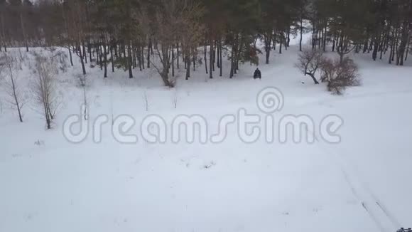 从冬季乘雪地风景的ATV的高度观看视频的预览图