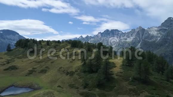 在阳光明媚的夏天在松林林山上向高山山谷空中前进阿尔卑斯山视频的预览图