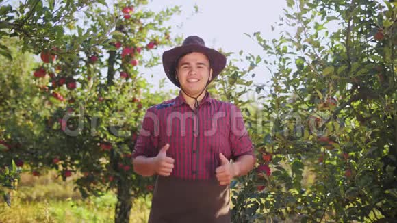 戴帽子的农夫在苹果园里竖起大拇指的画像视频的预览图
