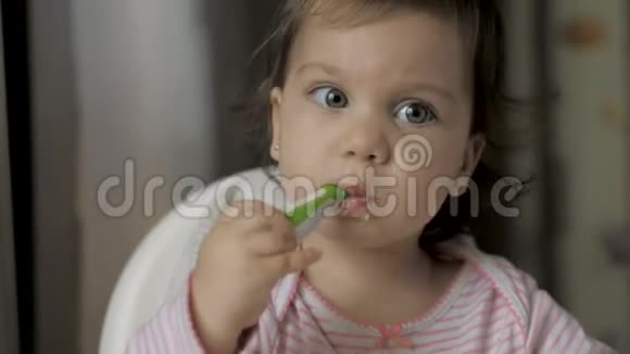 可爱的小母猪坐在喂食椅上在厨房里吃健康的食物视频的预览图