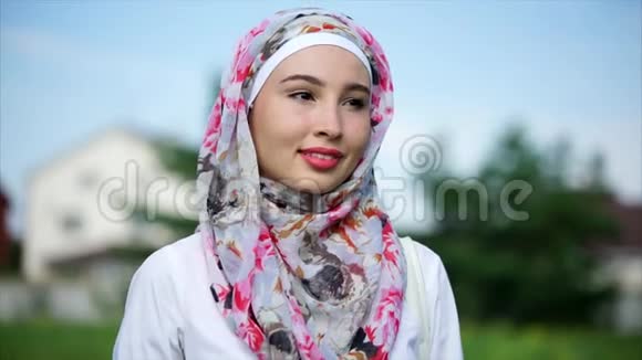 中东妇女戴头巾的户外肖像视频的预览图