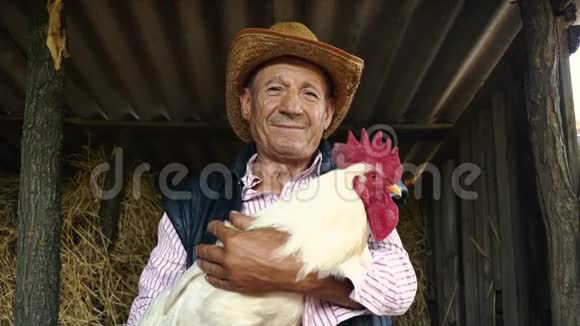 一个戴着草帽的老农夫正抱着一只活生生的白公鸡干草上一只白公鸡的画像视频的预览图