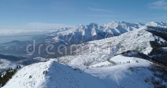在阳光明媚的日子里在冬季雪山和滑雪跑道上向前俯视揭示山谷高山雪山视频的预览图