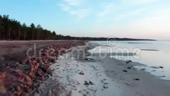 空中飞行在岩石海岸和森林沿岸视频的预览图