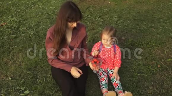 母亲和女儿坐在绿草上野餐吃草莓视频的预览图