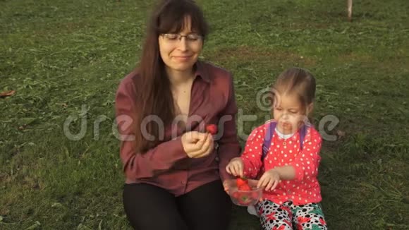 母亲和女儿坐在绿草上野餐吃草莓视频的预览图