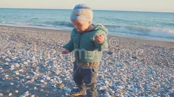 宝宝的生活方式一个男孩在天然海滩上玩沙子和石头与斯泰西卡姆视频的预览图