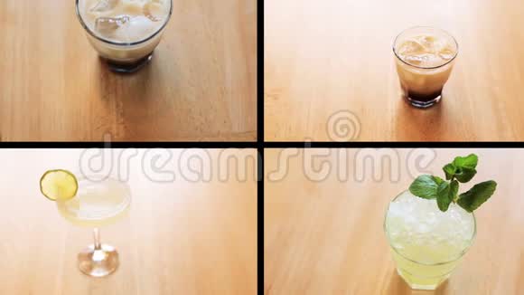 四种美味新鲜饮料的背景蒙太奇视频的预览图