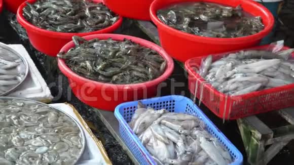 在越南市场上广泛选择海鲜街市柜台上的各种海鲜视频的预览图