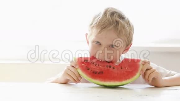 小男孩吃大块红色的西瓜视频的预览图