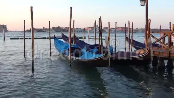 在圣马可湾码头的贡多拉斯九月的早晨意大利威尼斯视频的预览图