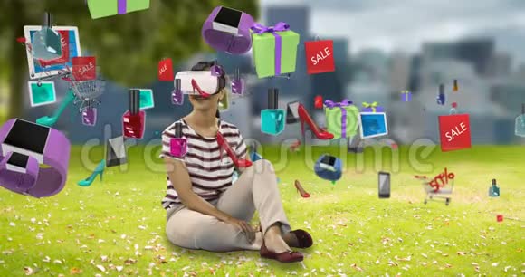 妇女使用虚拟现实耳机数字生成销售图标4k视频的预览图