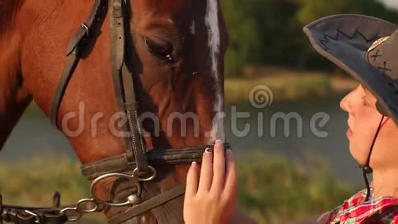 一个女孩抚摸一匹马的脸的特写镜头视频的预览图