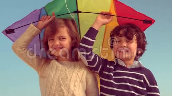 快乐的孩子玩风筝视频的预览图