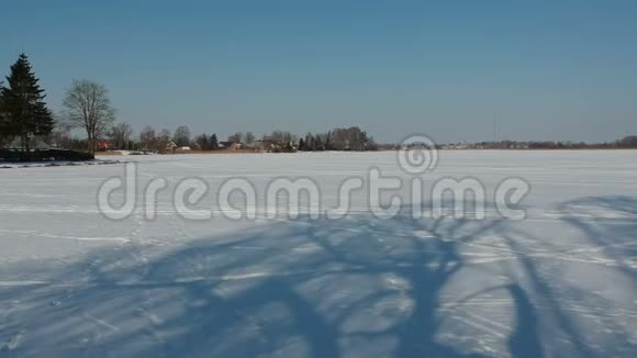 早晨的树影在冬天霜雪的湖面上视频的预览图