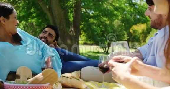 情侣们在公园里喝红酒时相互交流视频的预览图