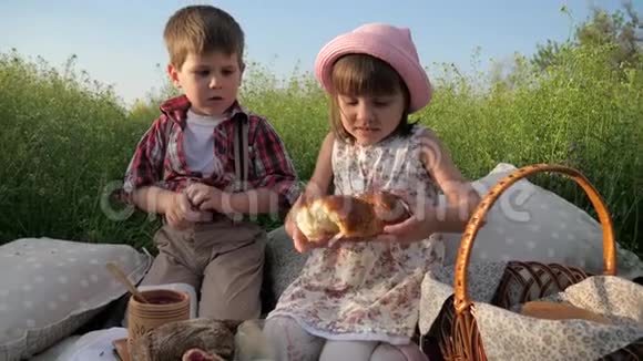 可爱的小女孩和快乐的男孩分享面包兄弟姐妹在新鲜空气中玩耍健康的食物视频的预览图