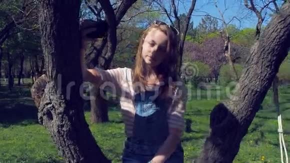 一个十几岁的女孩坐在一棵树上拿着一部电话一个穿破牛仔裤的女孩自拍公园里漂亮的女孩视频的预览图