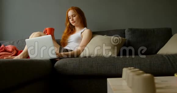 女士在客厅4k内用笔记本电脑喝咖啡视频的预览图