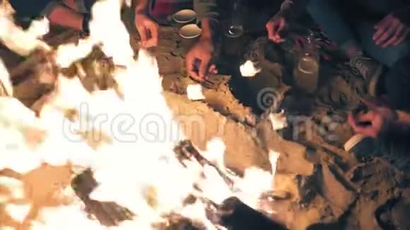 从顶部看双手拿着棉花糖的棍子晚上煎一群人坐在火边视频的预览图