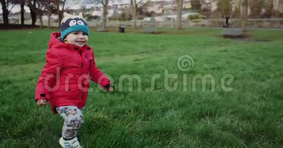 小男孩冒险热爱童年通过跑过一个田野探索电影摄影机红色史诗4k视频的预览图