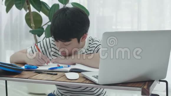 亚洲青少年男孩在家用笔记本电脑做作业视频的预览图