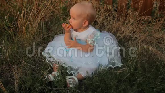 一个穿着白色连衣裙坐在高高的草地上的女婴她啃着一只杏子环顾四周夏天日落视频的预览图