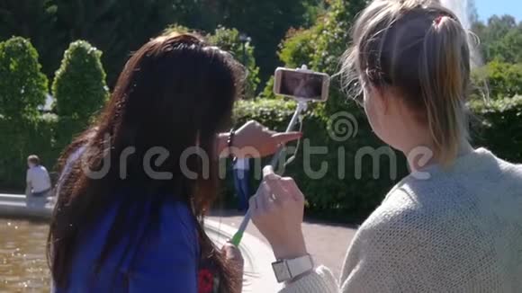 女朋友正在喷泉附近的一个绿色公园里视频通话慢动作1920x1080全场视频的预览图