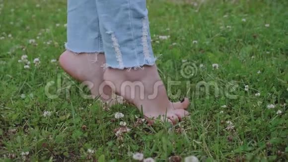 雨后绿色草地上小女孩脚尖脚趾头视频的预览图