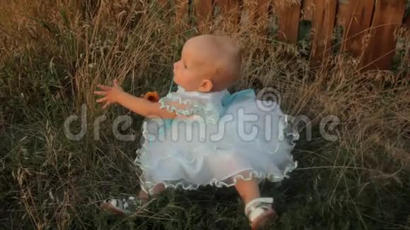 一个小女孩坐在高高的草地上穿着一件白色的连衣裙手里拿着一夏天日落视频的预览图